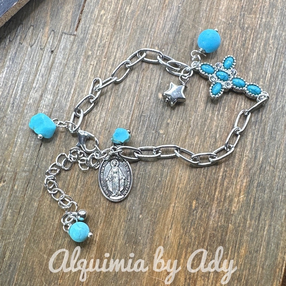 Cross Silver dainty turquoise summer beaded bracelet
